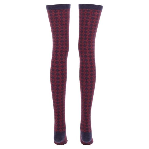 CHANEL red navy wool CC logo button checked wool thigh high socks M - Picture 5 of 7